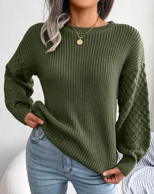 Mixed Knit Round Neck Dropped Shoulder Sweater