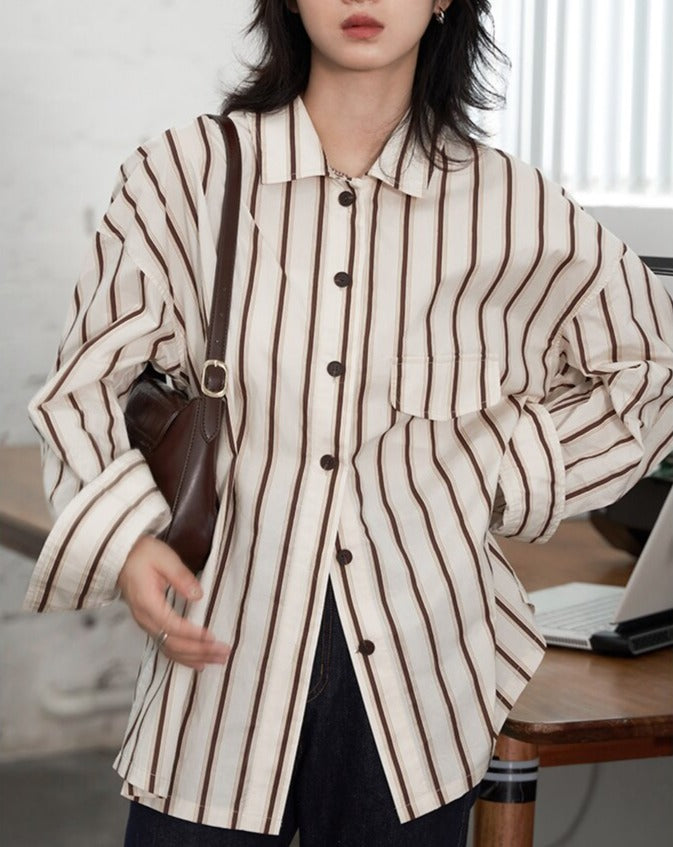 Long Sleeve Loose Cotton Vertical Stripe Shirts