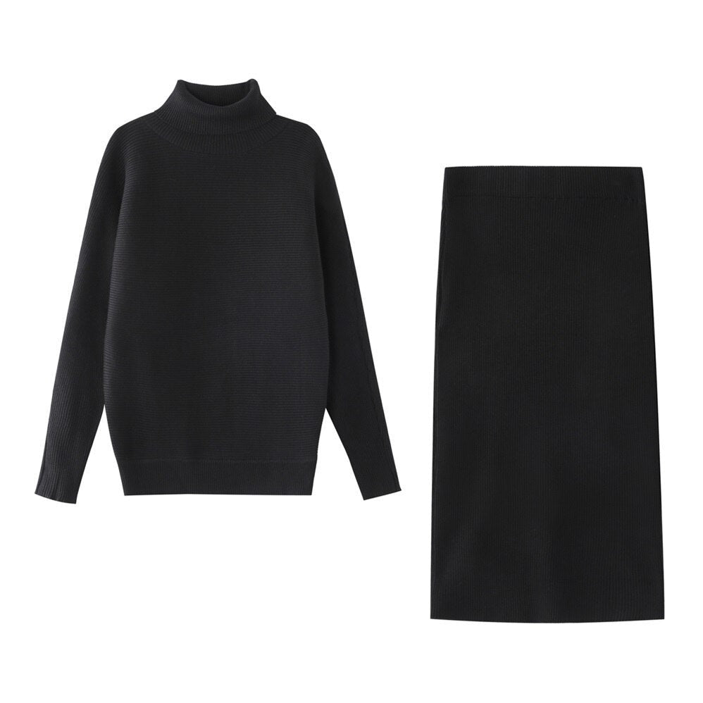 Knit Turtleneck Sweater & Midi Skirt Set