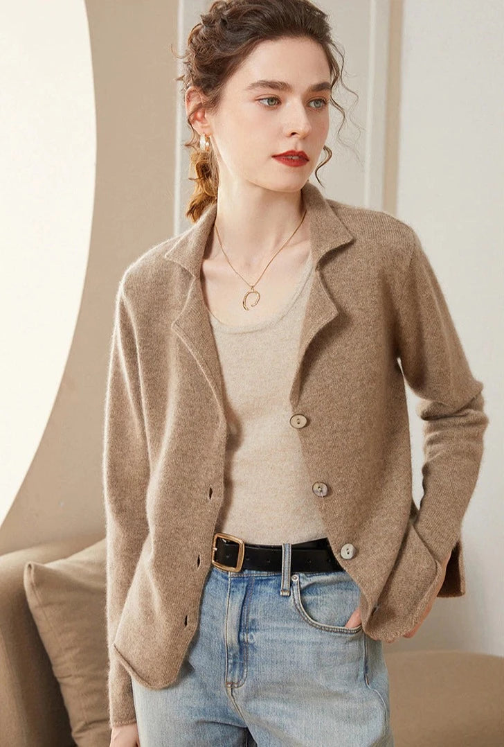 Cashmere Collared Solid Color Cardigan - BEYOND