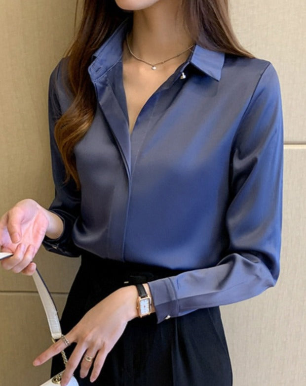 Long Sleeve Satin Solid Color Shirt Blouse - BEYOND