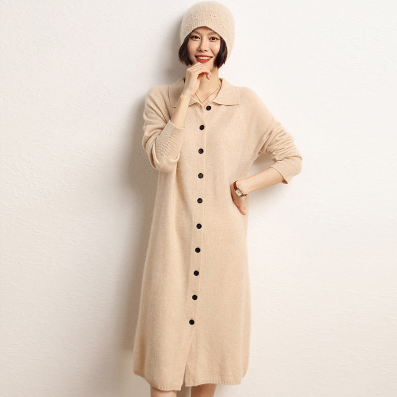 Collared Button Up Cashmere Cardigan Dress - BEYOND