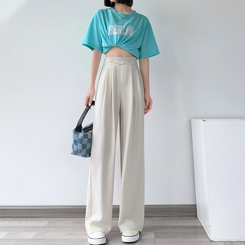 High Waist Wide Loose Solid Color Pants - BEYOND