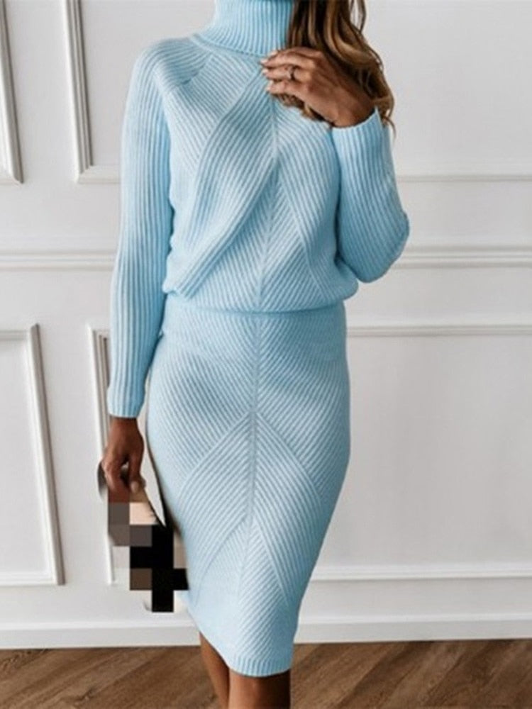 YWDJ Two Piece Outfits for Women Skirt Summer Casual Solid Knitting Slimming  Hip Wrap Long Sleeve Turtleneck Sweaters Skirt Suit Light Blue XXL 