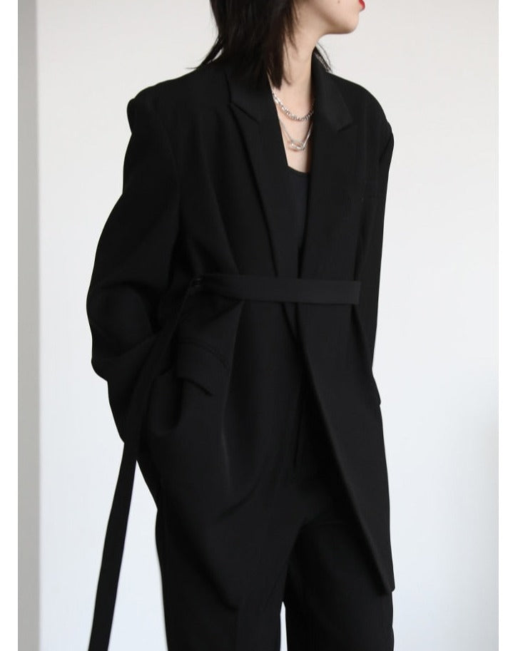 Loose Front Belt Blazer And Wide Pants Suit - BEYOND