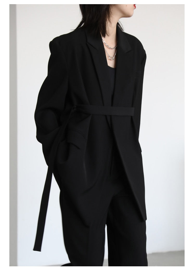 Loose Front Belt Blazer And Wide Pants Suit - BEYOND