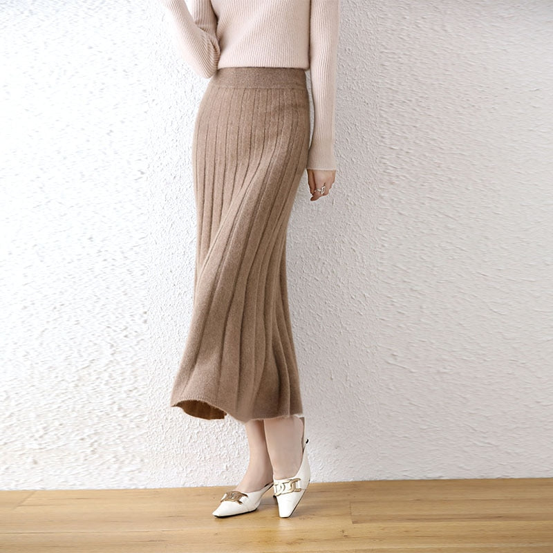 High-Waist Cashmere Stripe Midi Skirt - BEYOND