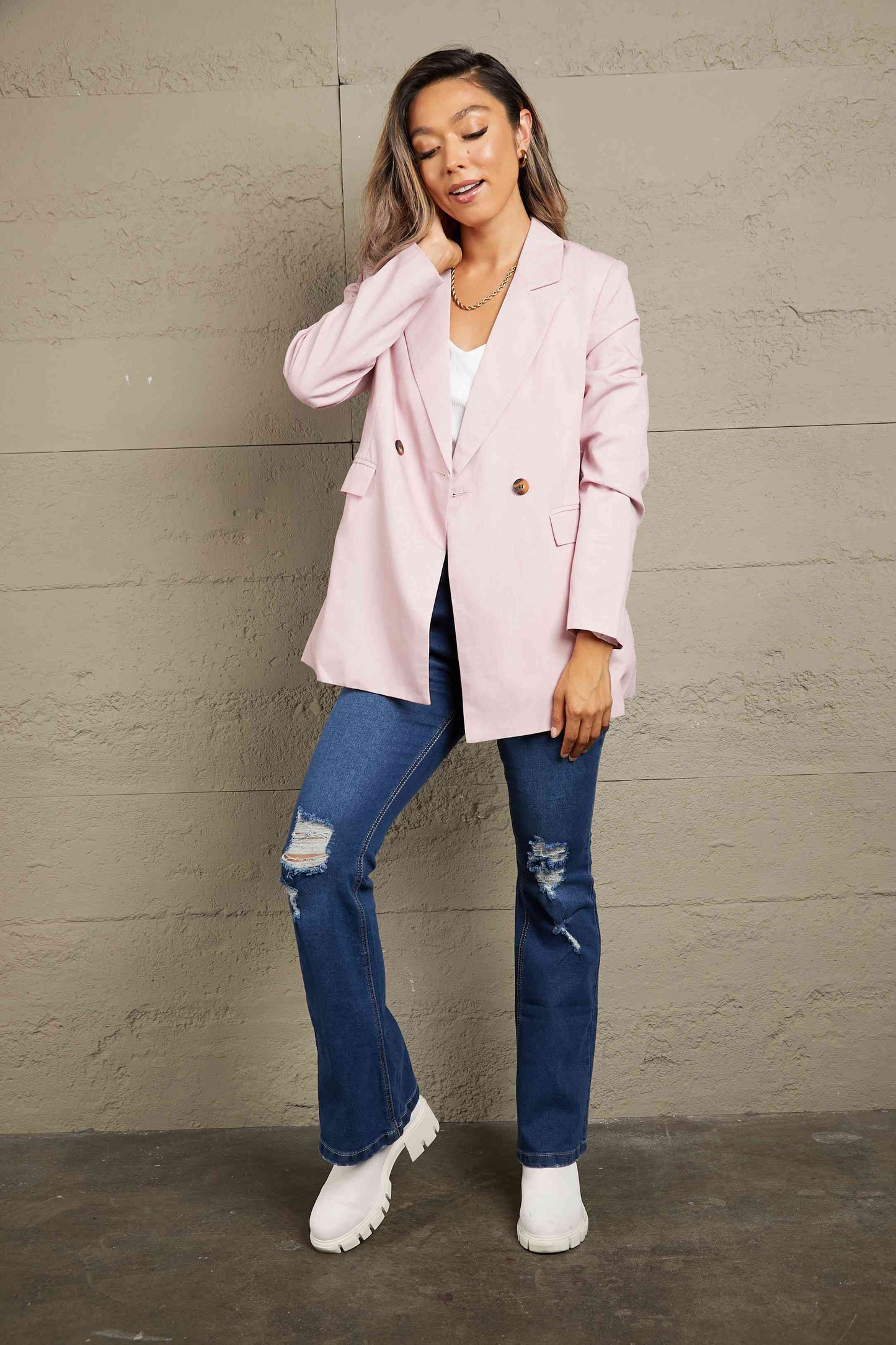Double Take Double-Breasted Padded Shoulder Blazer with Pockets