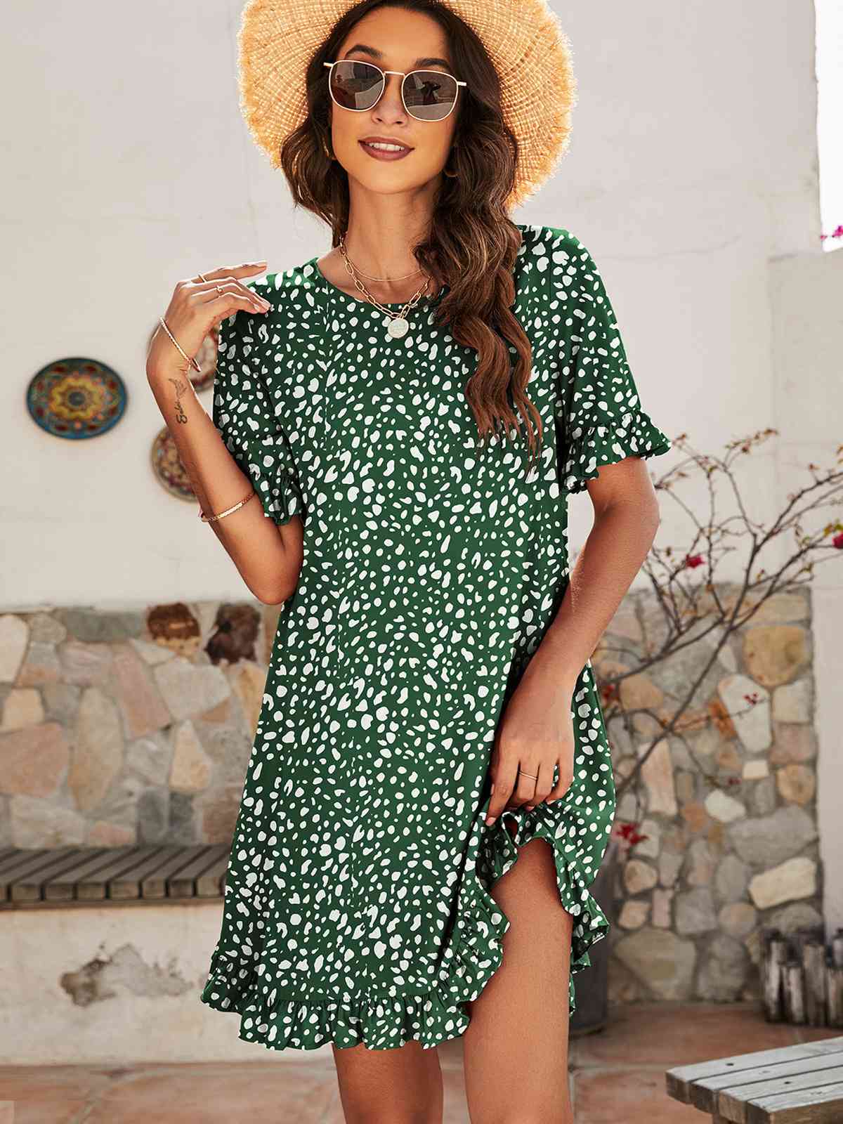 Printed Flounce Sleeve Ruffle Hem Dress - BEYOND FASHION