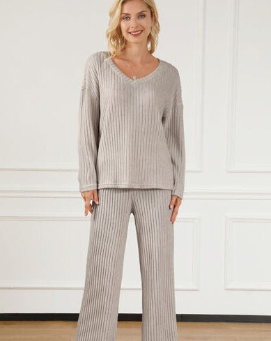 Ribbed V-Neck Top and Pants Lounge Set - BEYOND FASHION