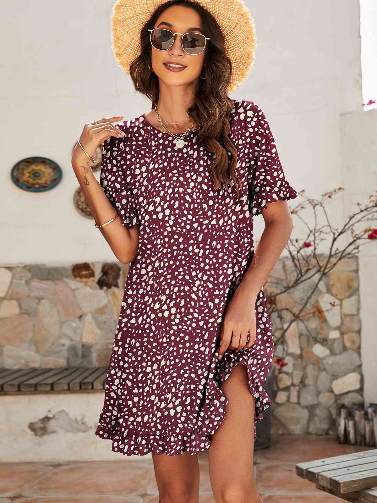 Printed Flounce Sleeve Ruffle Hem Dress - BEYOND FASHION