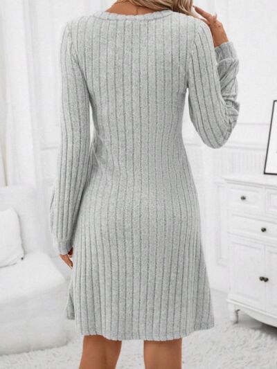 Ribbed V-Neck Long Sleeve Sweater Dress