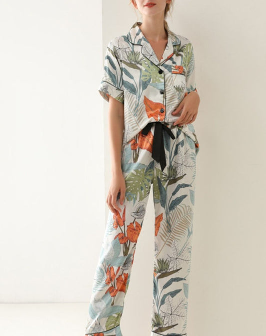 Botanical Print Button-Up Top and Pants Pajama Set