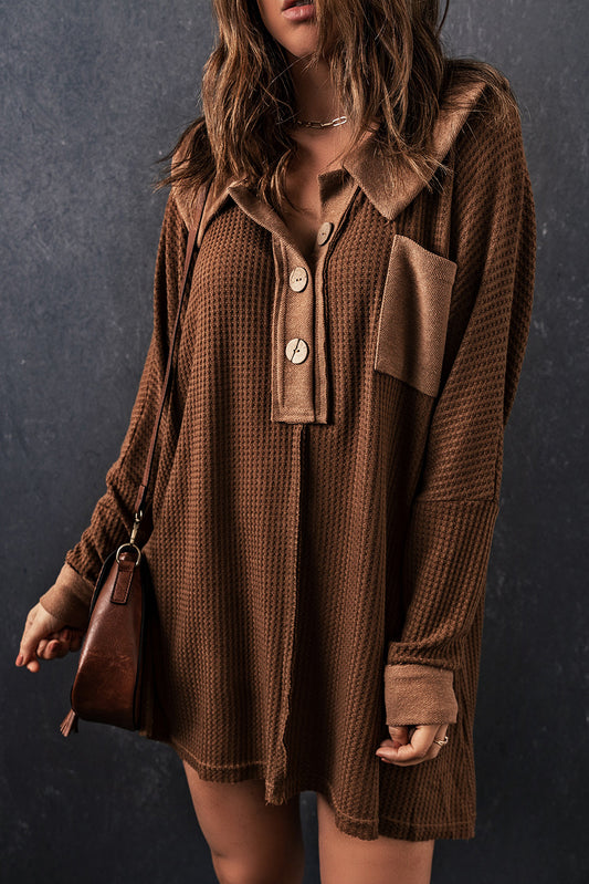 Waffle Knit Buttoned Long Sleeve Top with Breast Pocket - BEYOND FASHION