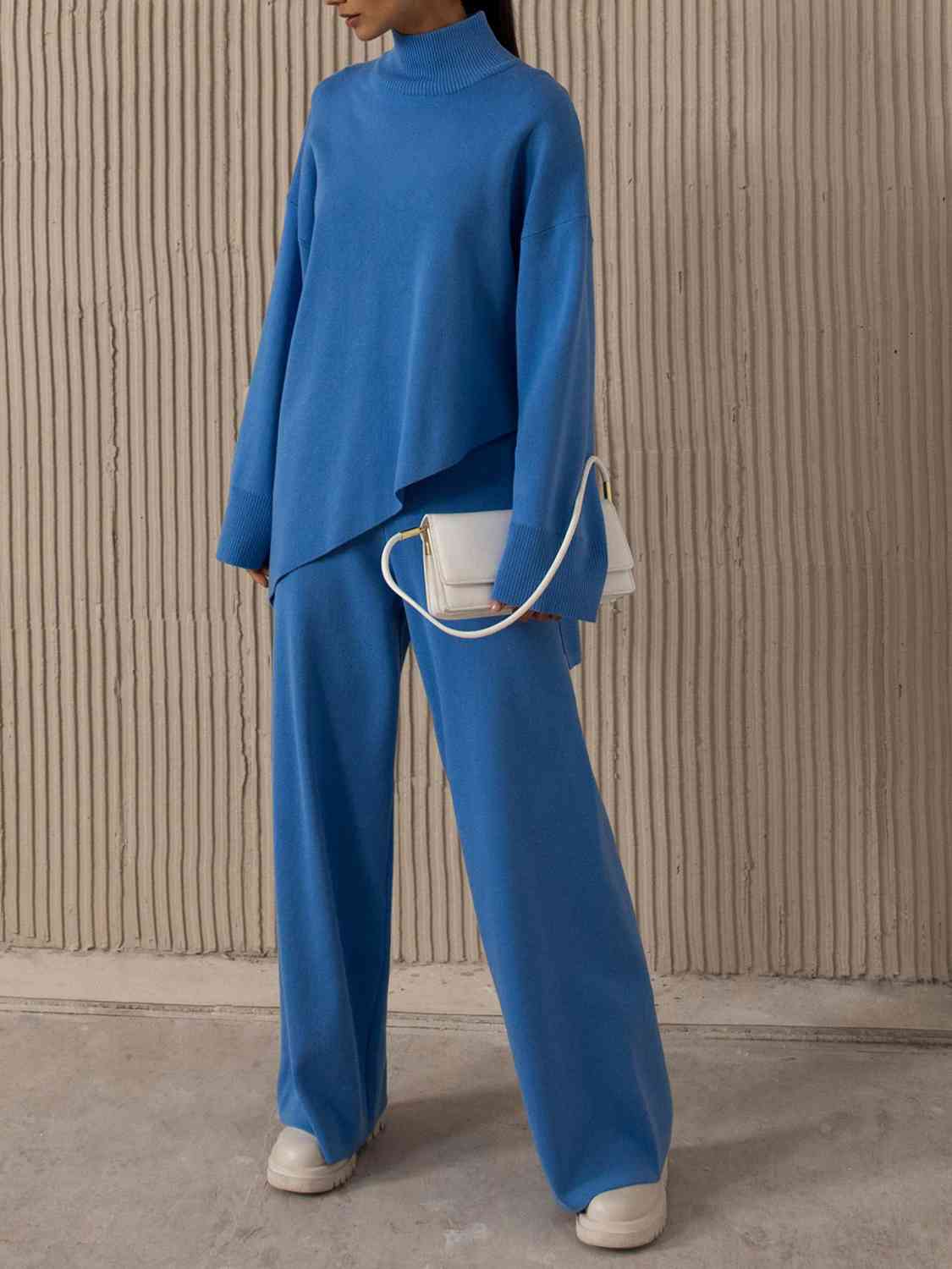 Asymmetrical Hem Knit Top and Pants Set - BEYOND