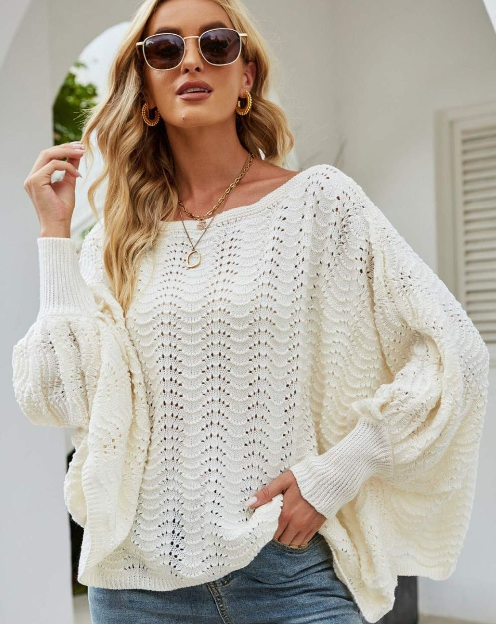 Openwork Dolman Sleeve Sweater