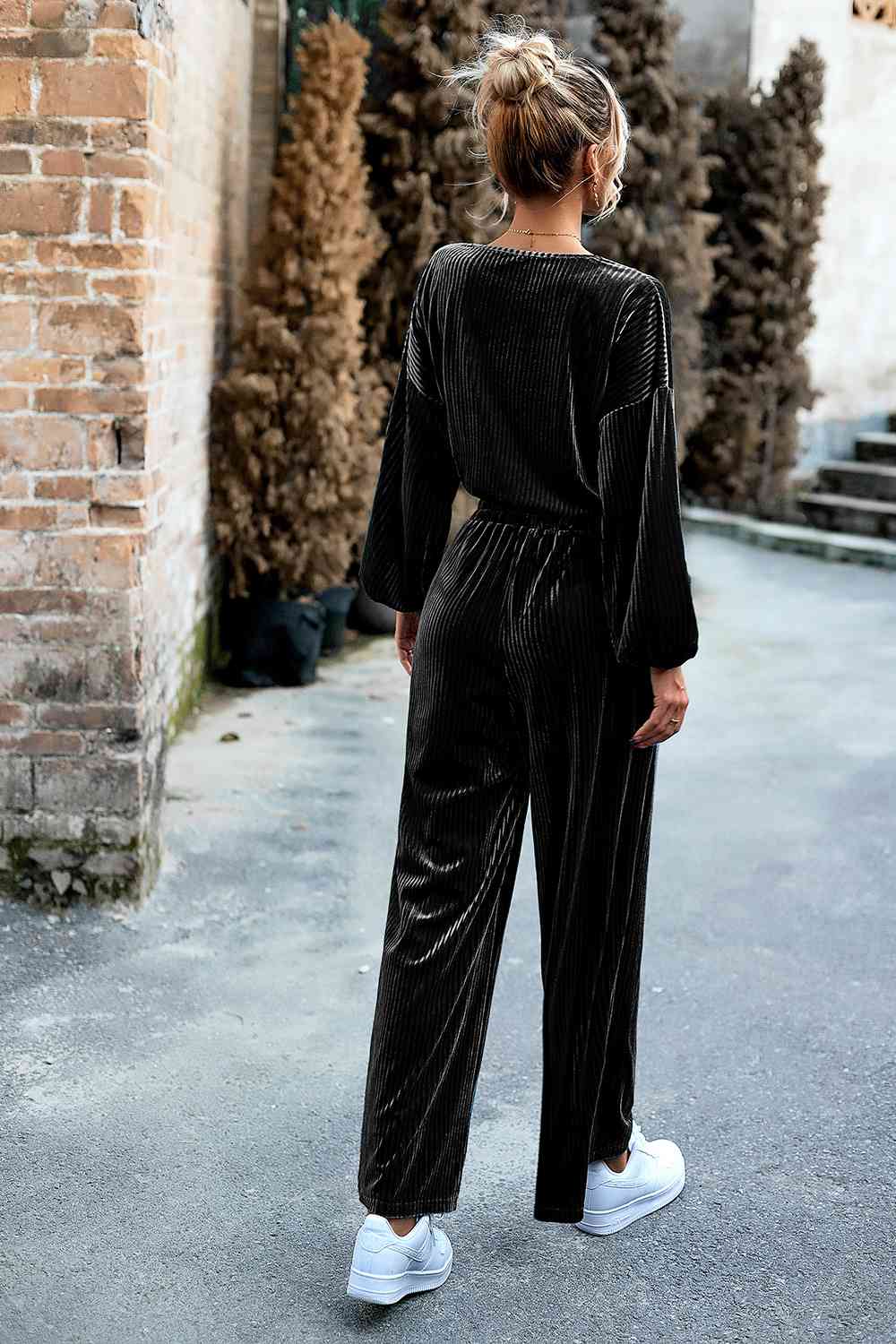 Round Neck Dropped Shoulder Top and Elastic Waist Pants Set