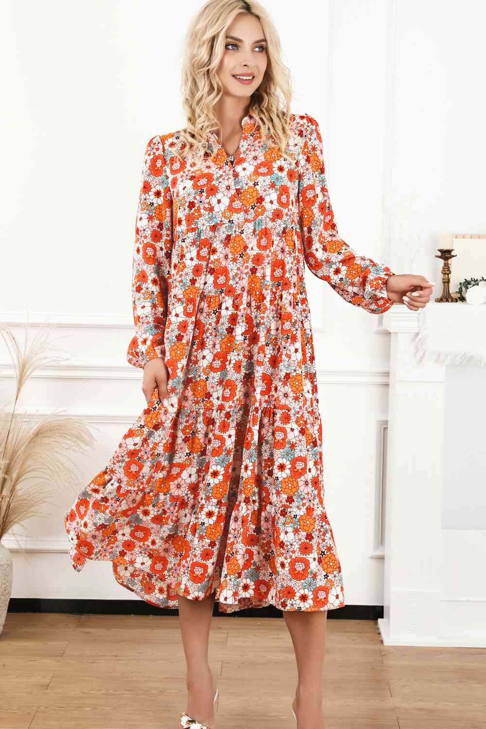 Floral Notched Neck Long Sleeve Dress - BEYOND FASHION