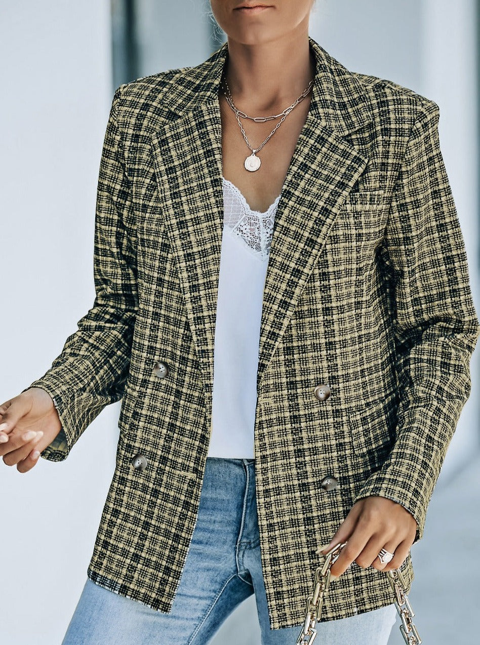 Plaid Double-Breasted Long Sleeve Blazer