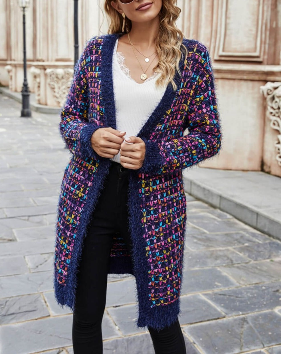 Multicolored Open Front Cardigan with Pockets