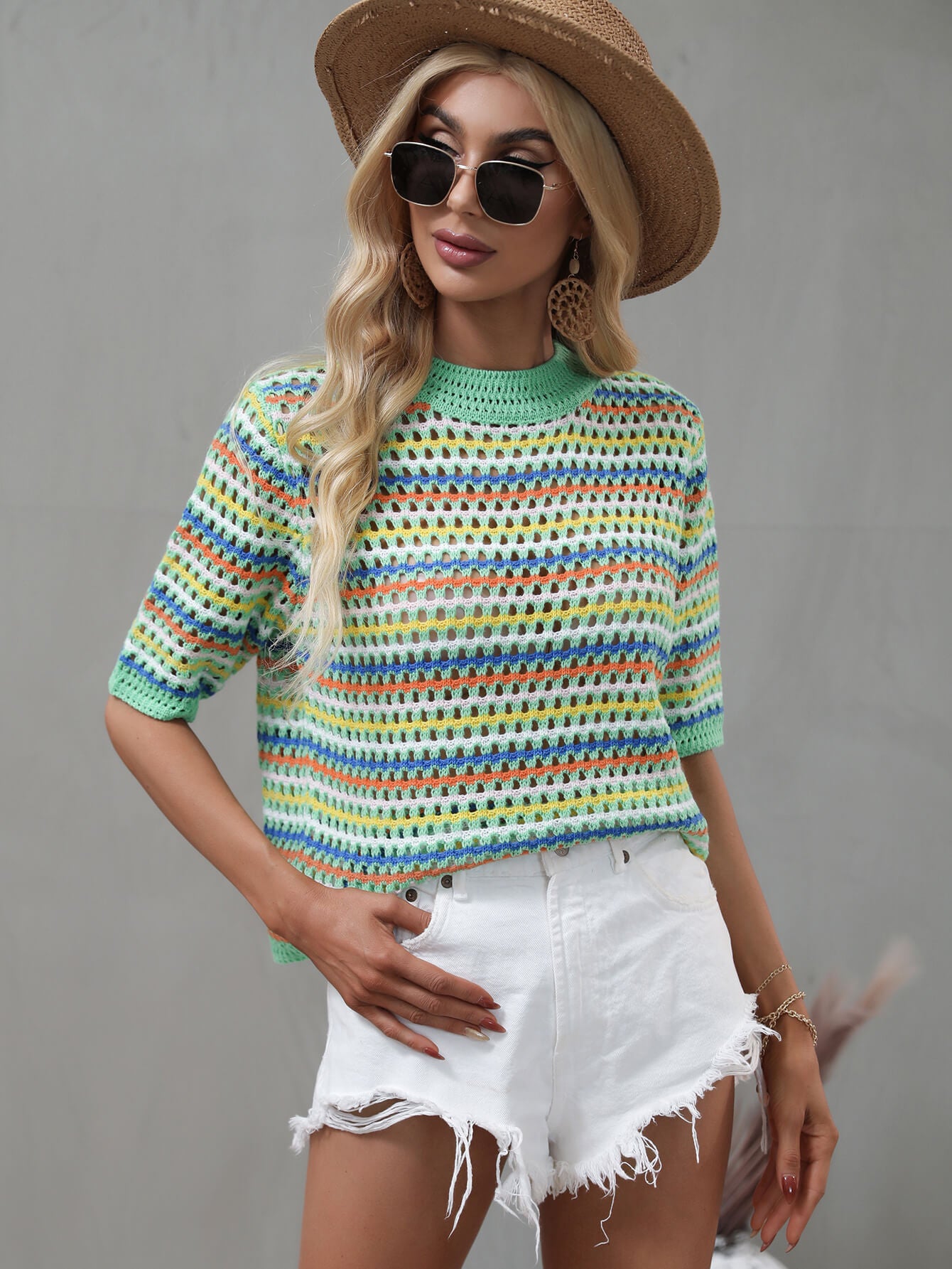 Striped Openwork Half Sleeve Knit Top - BEYOND FASHION