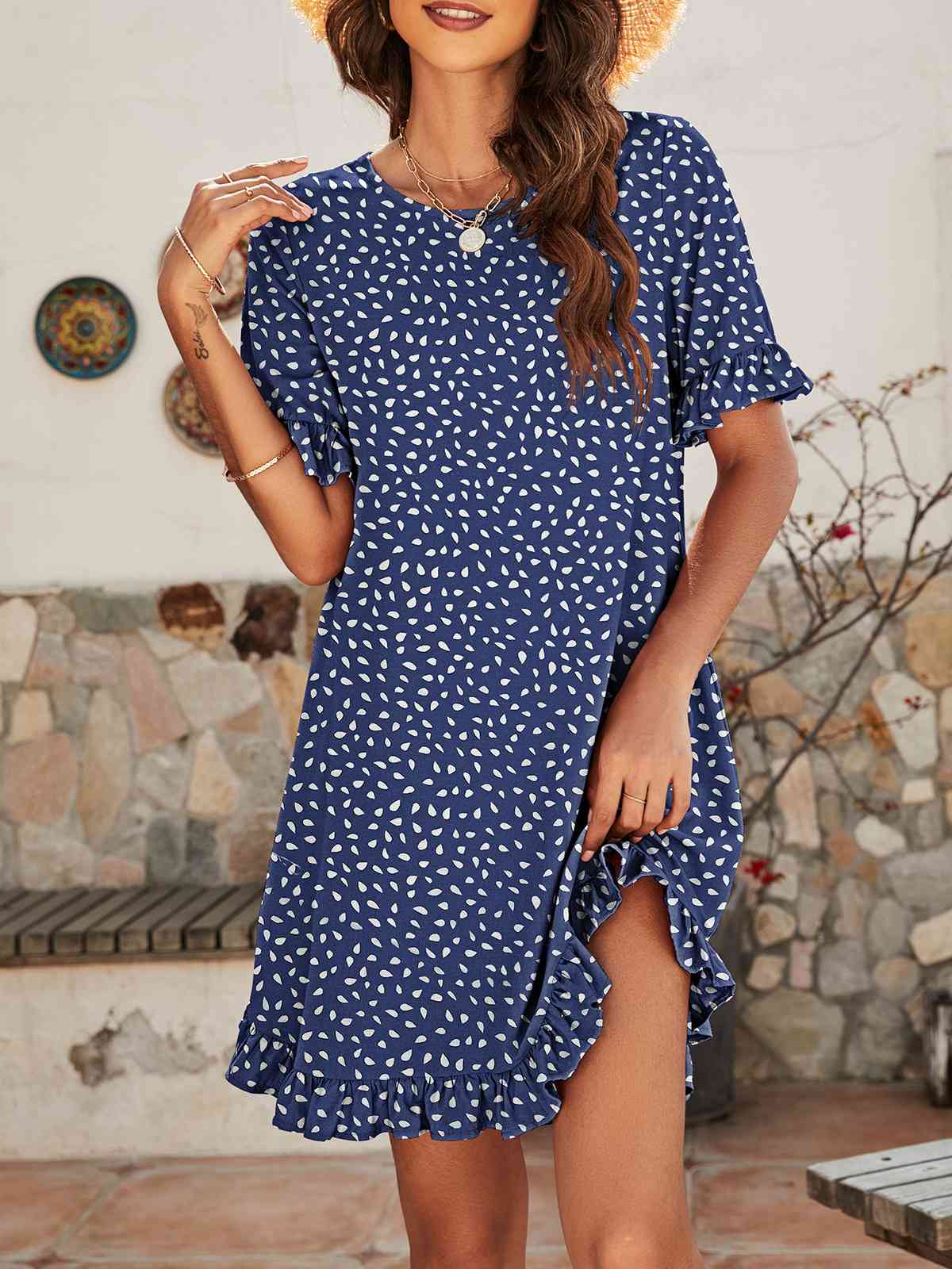 Printed Flounce Sleeve Ruffle Hem Dress - BEYOND FASHION