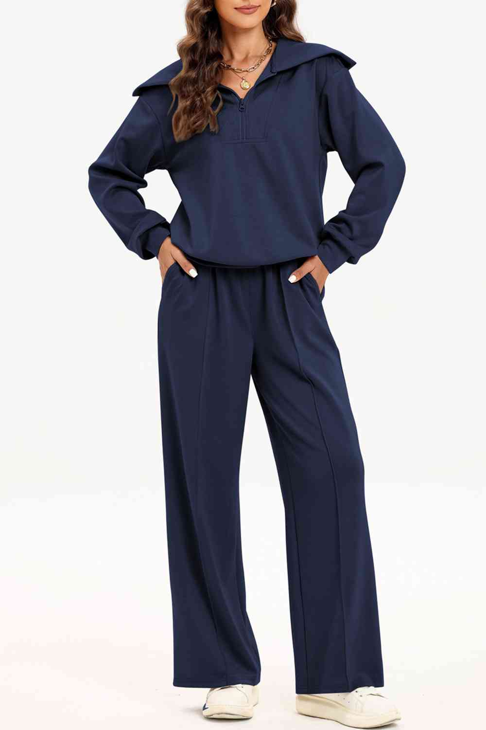 Half Zip Collared Neck Sweatshirt and Pants Set - BEYOND FASHION