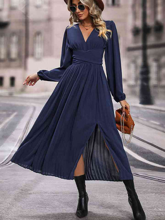 V-Neck Long Sleeve Pleated Slit Dress - BEYOND FASHION