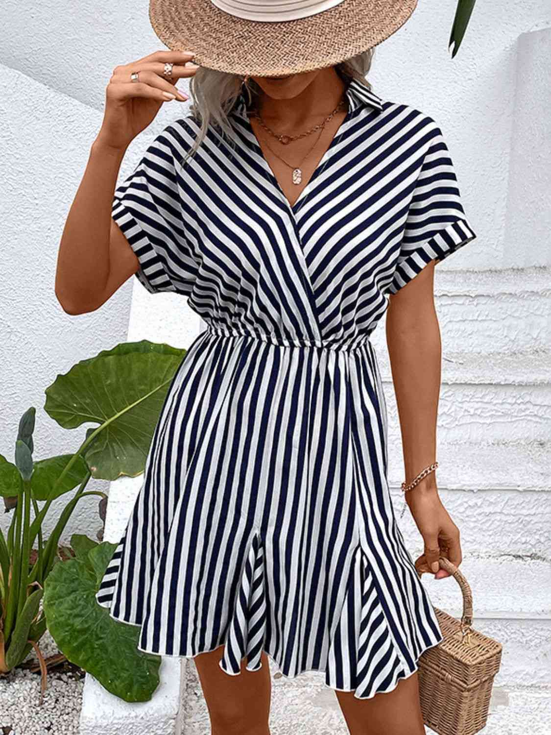 Striped Johnny Collar Mini Dress - BEYOND FASHION