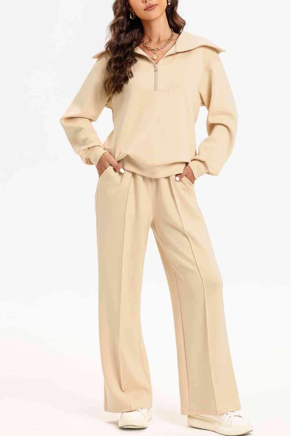 Half Zip Collared Neck Sweatshirt and Pants Set - BEYOND FASHION