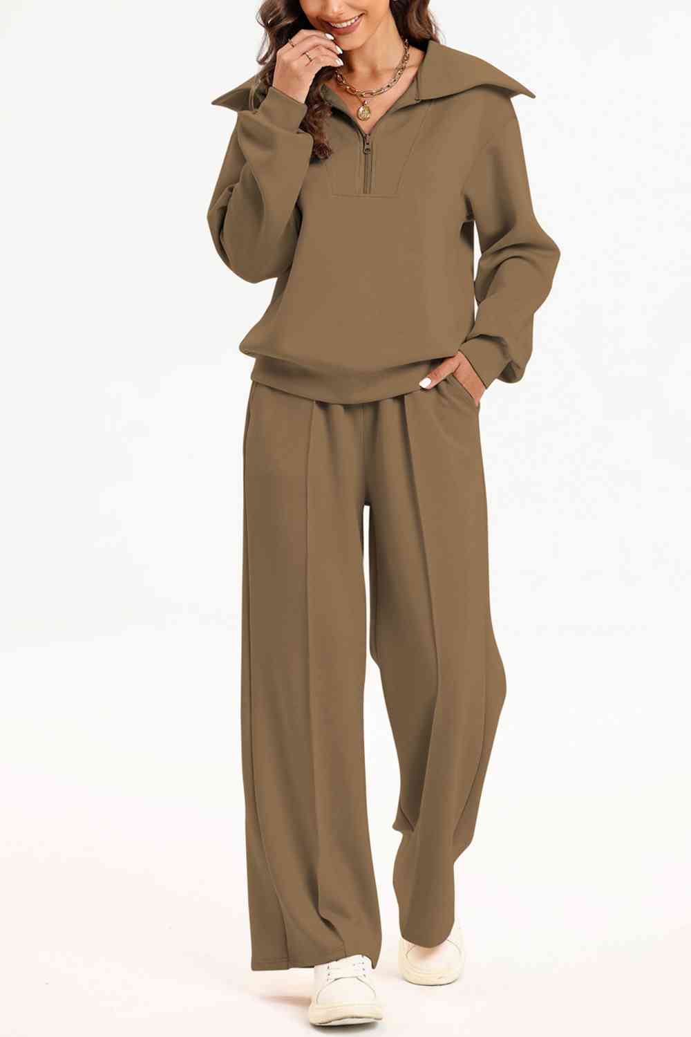 Half Zip Collared Neck Sweatshirt and Pants Set - BEYOND FASHION