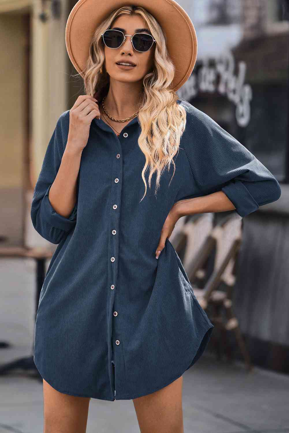 Button Front Curved Hem Raglan Sleeve Shirt Dress - BEYOND FASHION