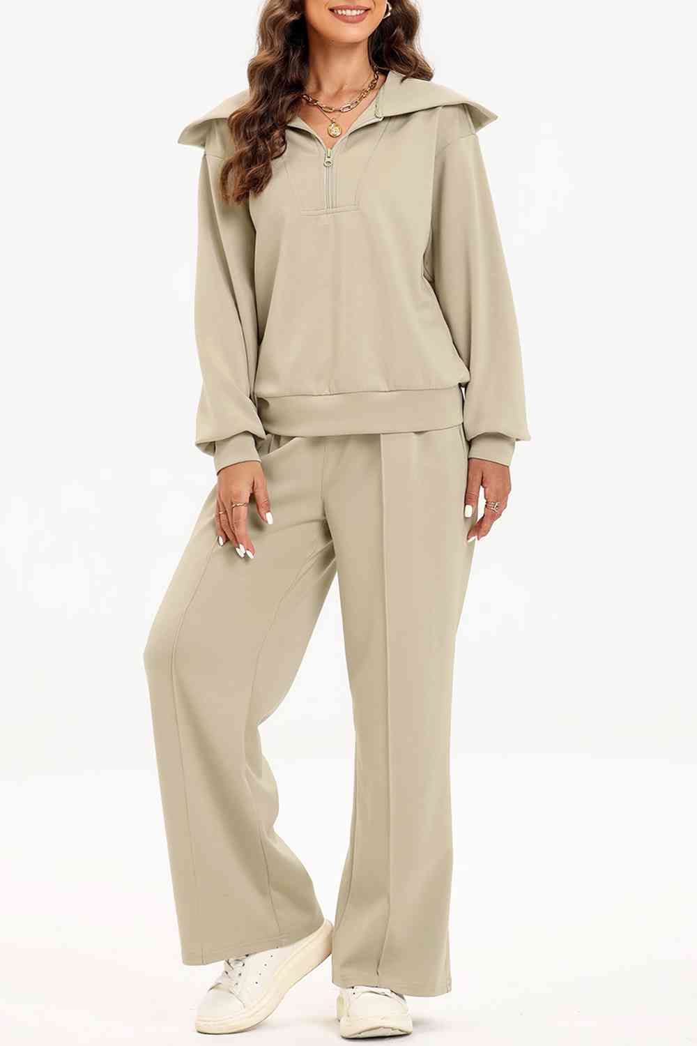 Half Zip Collared Neck Sweatshirt and Pants Set - BEYOND FASHION