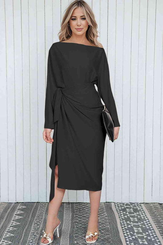 Boat Neck Long Sleeve Twisted Midi Dress - BEYOND FASHION