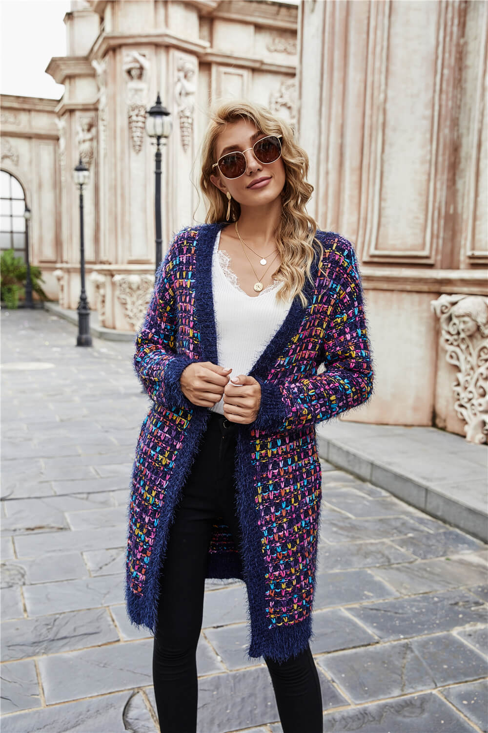 Multicolored Open Front Cardigan with Pockets