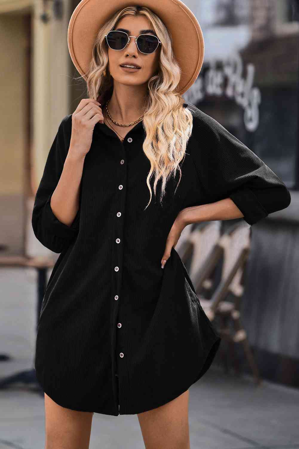 Button Front Curved Hem Raglan Sleeve Shirt Dress - BEYOND FASHION