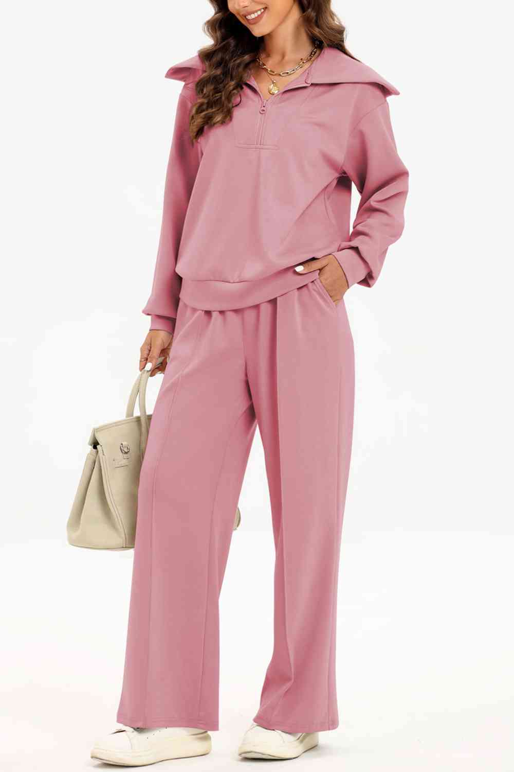 Half Zip Collared Neck Sweatshirt and Pants Set - BEYOND FASHION