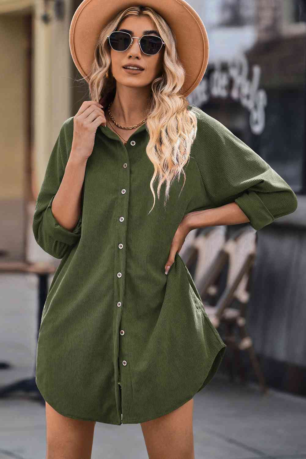 Button Front Curved Hem Raglan Sleeve Shirt Dress - BEYOND FASHION