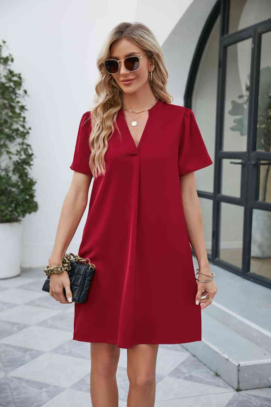 Notched Puff Sleeve Shift Dress - BEYOND FASHION