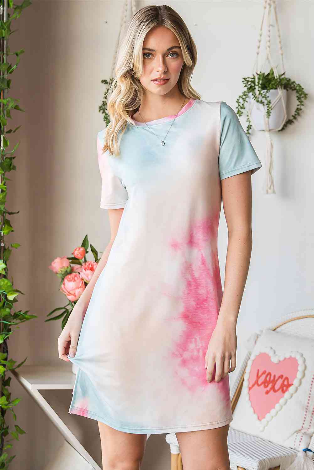 Tie-Dye Round Neck Short Sleeve Slit Dress - BEYOND FASHION