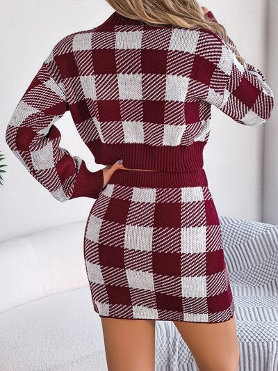 Plaid Round Neck Top and Skirt Sweater Set